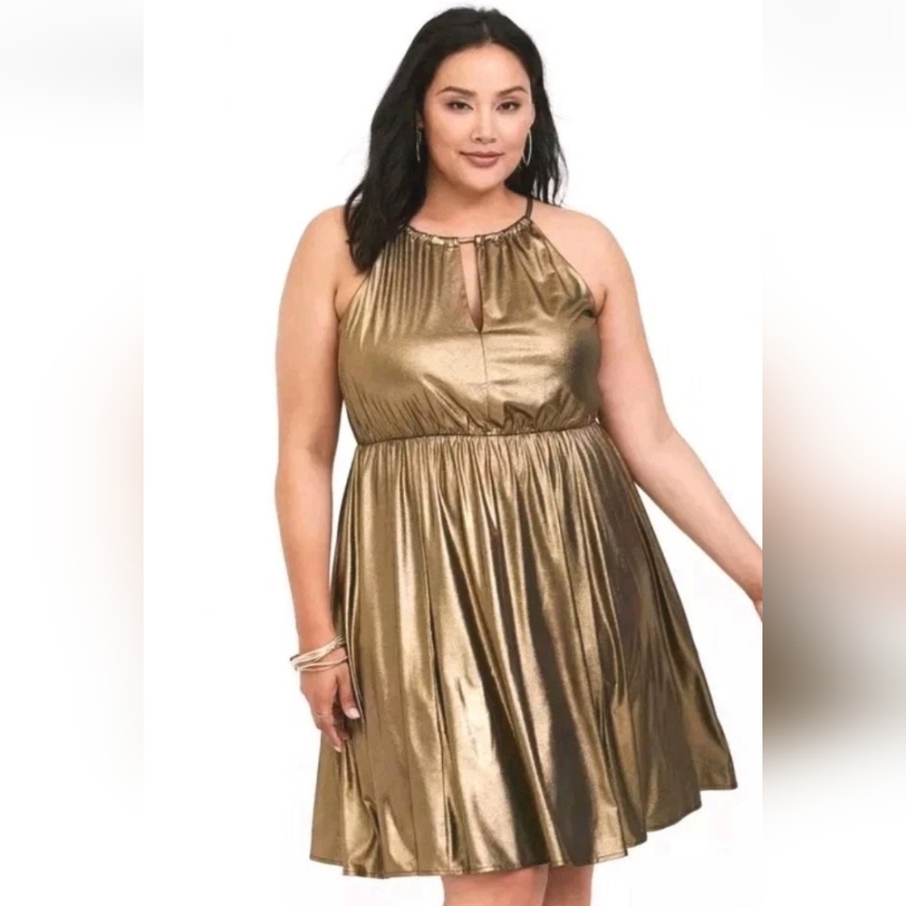 Torrid Halter Skater Dress Woman Plus 3X Gold Shimmer Mini Party Rockabilly Nwt - Picture 11 of 11